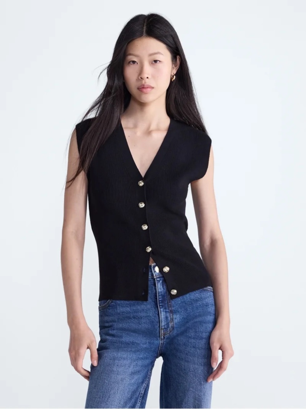 Scoop Women’s Sleeveless V-Neck Ribbed Knit Black Cardigan Sweater NWT